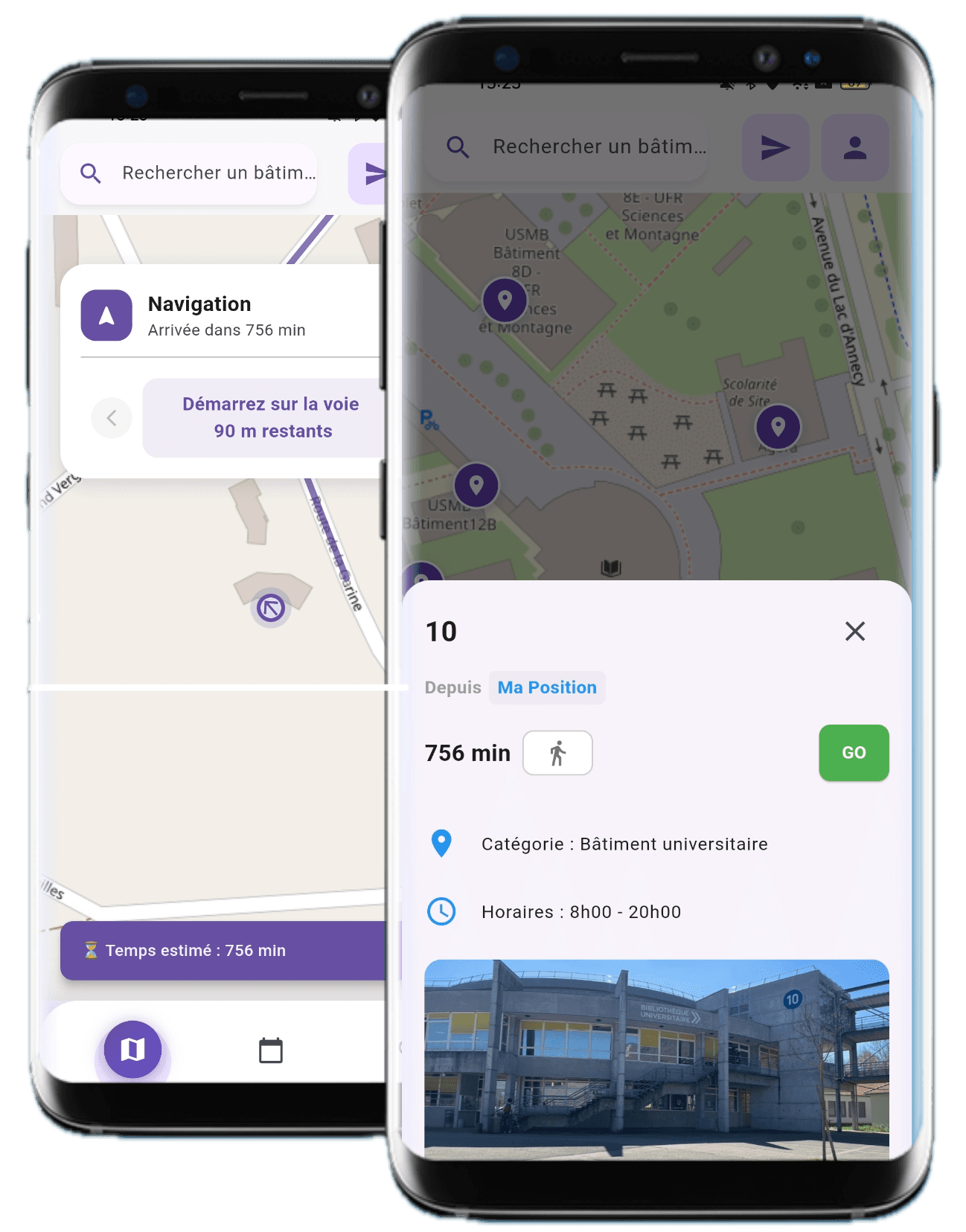 Two screens of the OnBoarding app: directions to a building and a building's details on the campus map